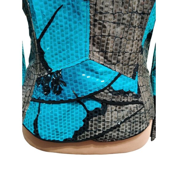 Womens L Blue Blazer Snake Floral Print Bold Chic Glam Statement Jacket Peplum - Picture 9 of 16